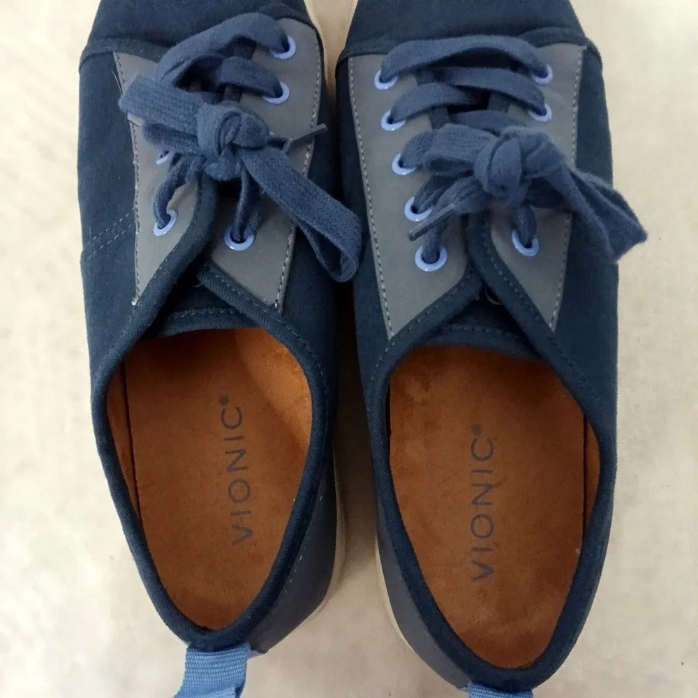 Vionic Pisces Navy Blue Canvas Lace Up Sneakers Womens 7.5 Wide Low Top Casual